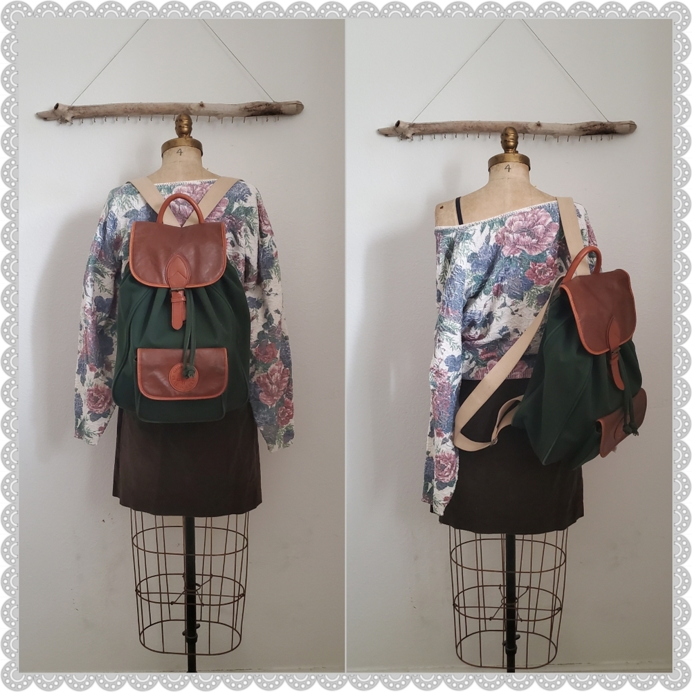 🌾SOLD! Vintage 90s Hunter Forest Green Brown Leather Canvas Drawstring Backpack - Picture 6 of 6